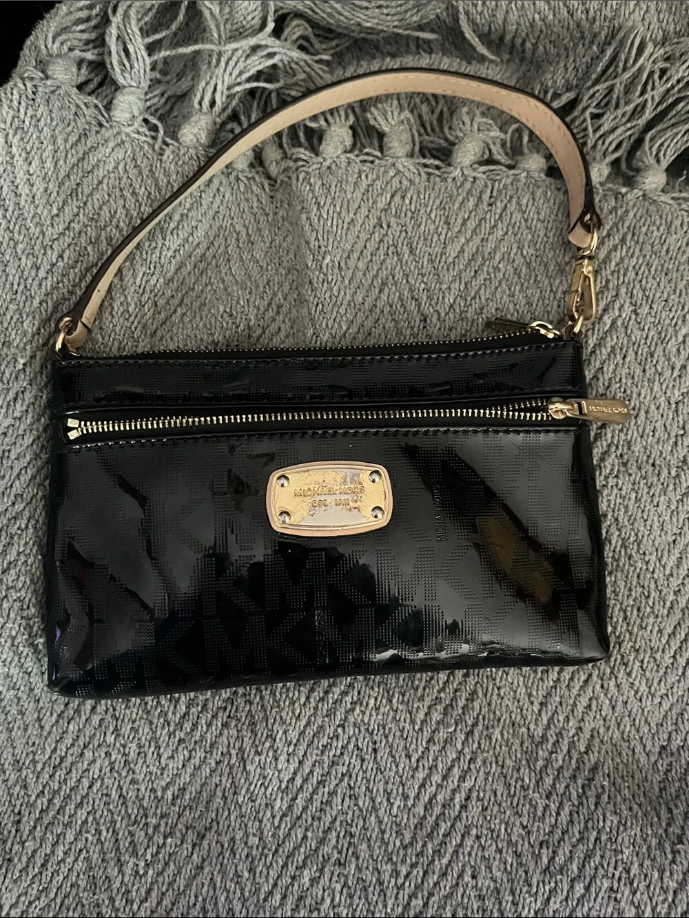 Michael Kors Black Patent Leather Wristlet with Gold Hardware